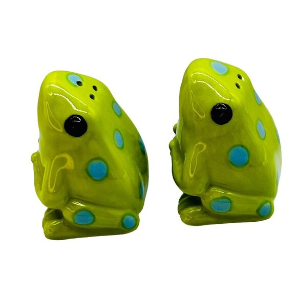 Green Frog Toad Blue Polka Dot Salt Pepper Shakers 1.75 inch Ceramic - Picture 6 of 8